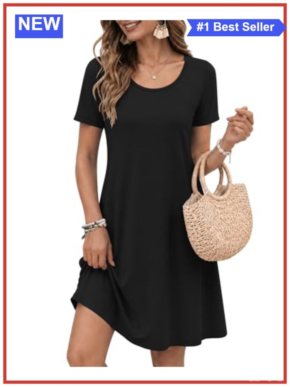 WNEEDU Women's Summer Casual Swing T-Shirt Dress with Pockets